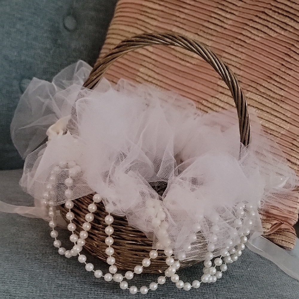Elegant White Pearl Flower Girl Basket